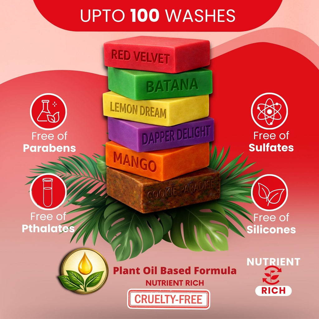 Stack of five colorful shampoo bars: red, green, yellow, purple and orange