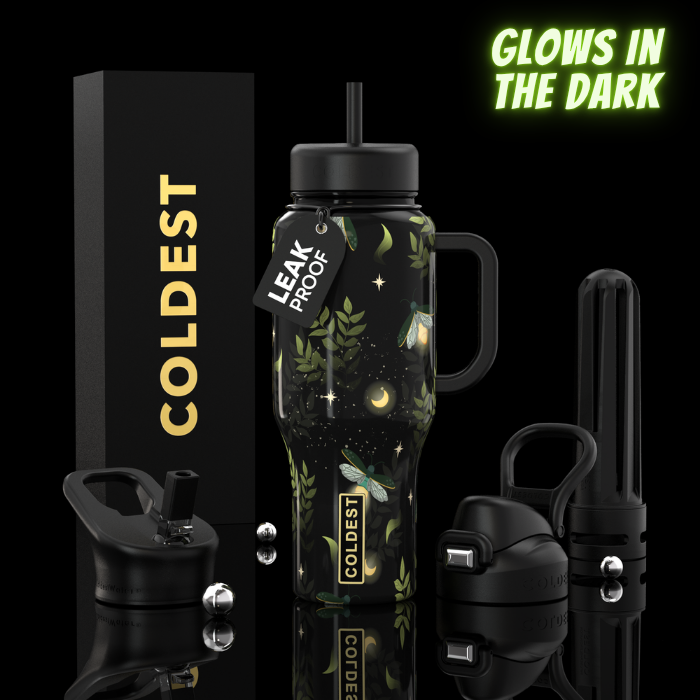 Black insulated tumbler with glowing style graphics, handle, straw, and leakproof lid.