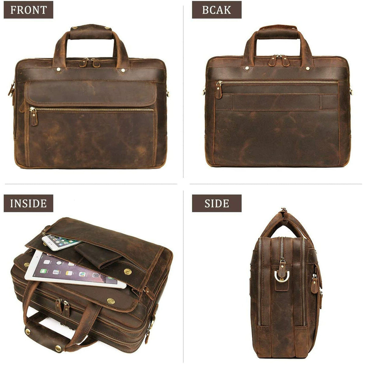 Brown leather briefcase front, back, inside, and side views with zip closure
