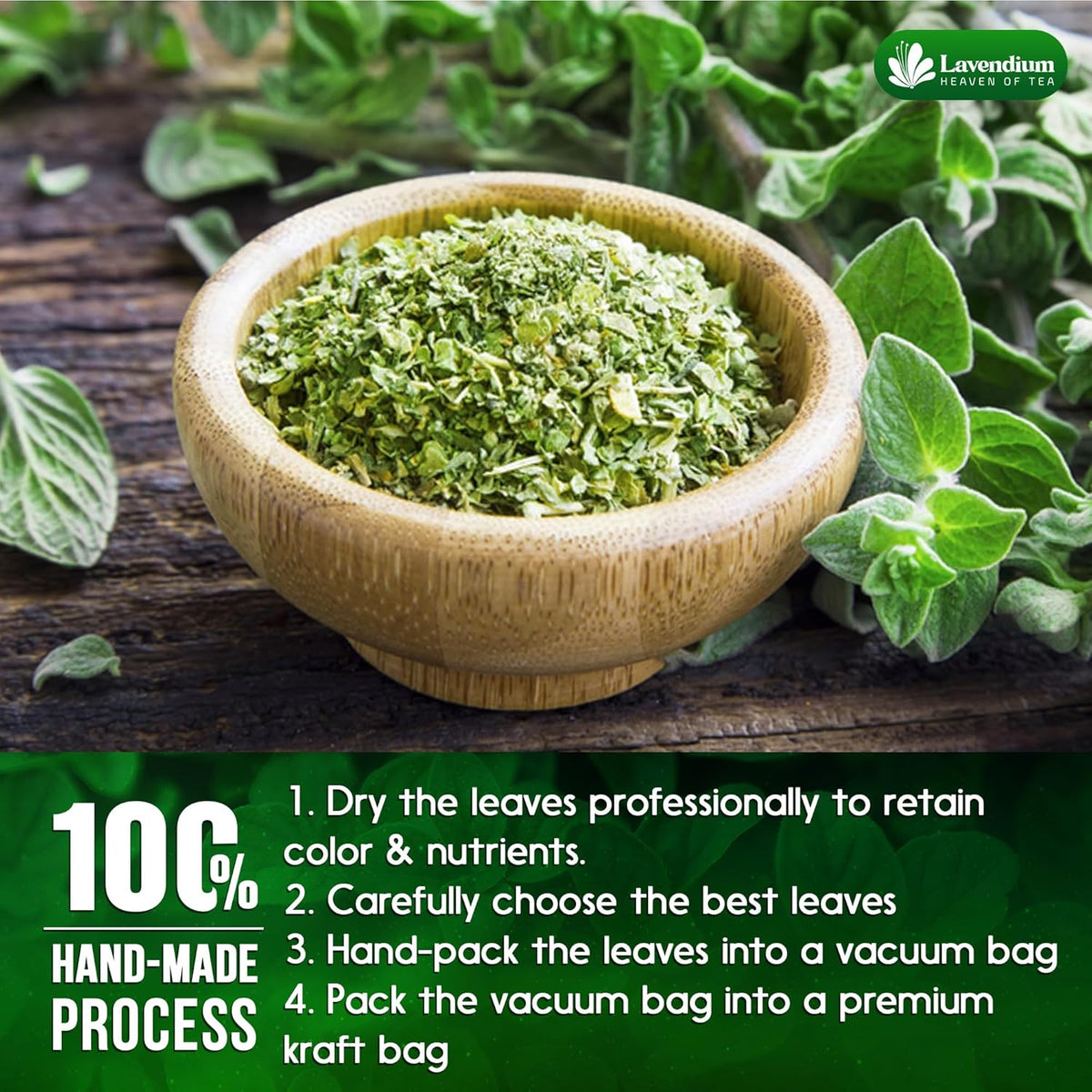 Wooden bowl of dried oregano leaves with fresh oregano leaves scattered
