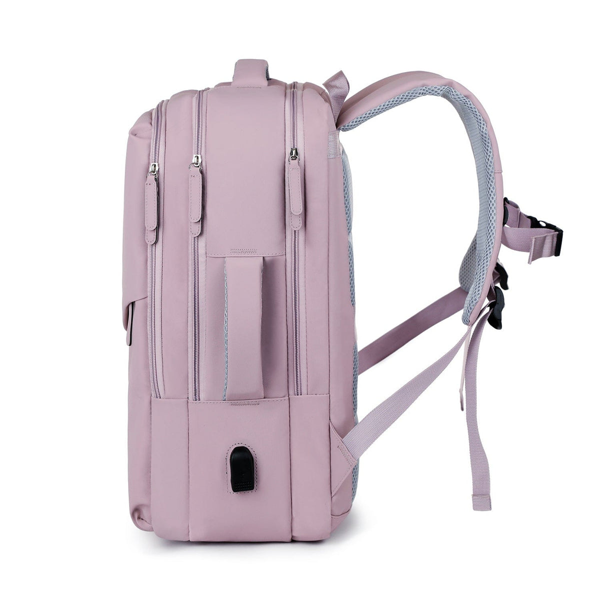 Purple travel backpack with front zip pockets and adjustable shoulder straps
