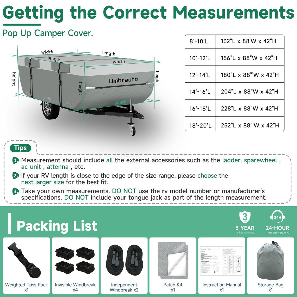 Pop-up camper cover size chart and packing list with included accessories