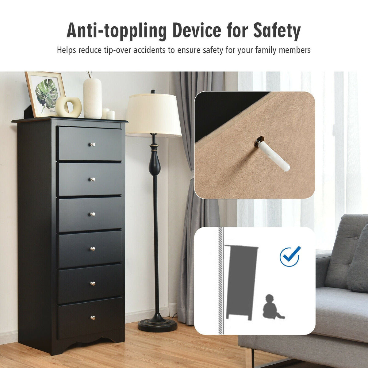 Black 6-drawer chest dresser with round knobs and anti-tip safety feature.
