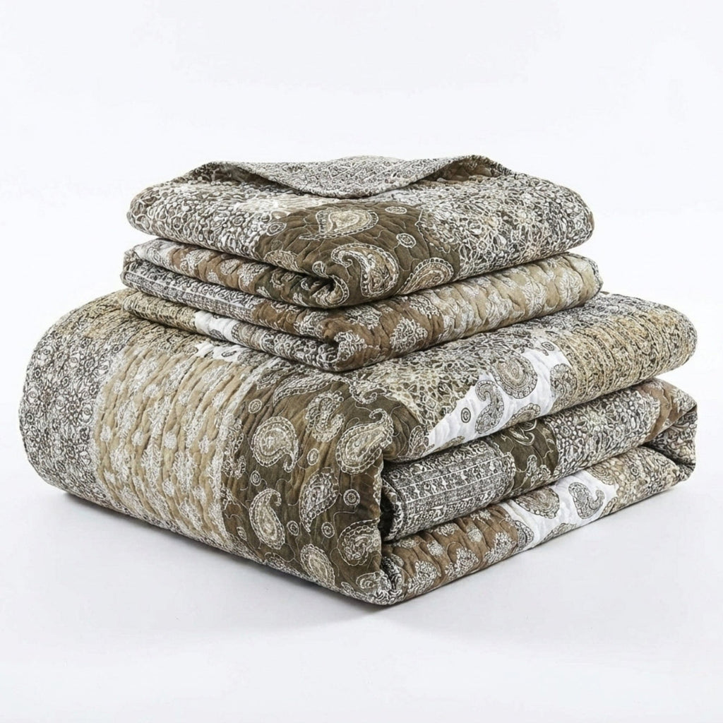 DaDa Bedding Bohemian Olive Brown Moroccan Paisley Floral Filigree Patchwork Cotton Bedspread Set (JHW-885)