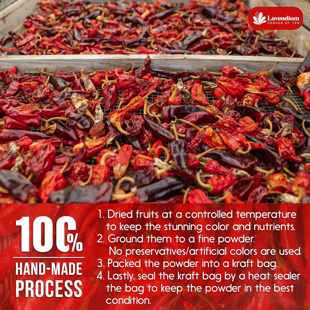 Tray of dried red cayenne peppers and dried pods in preparation for grinding