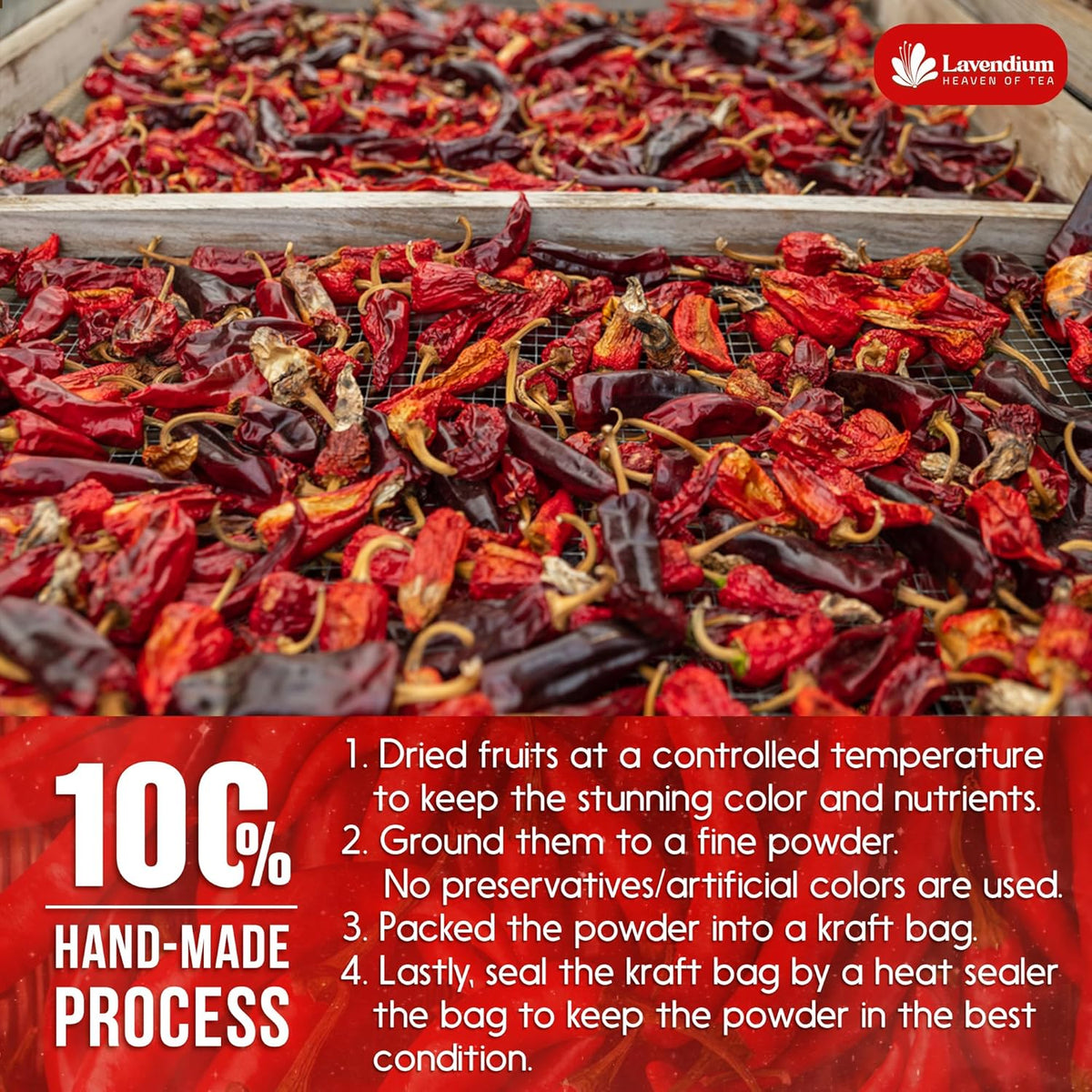 Tray of dried red cayenne peppers and dried pods in preparation for grinding