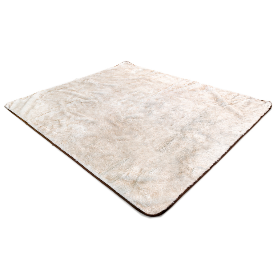White waterproof throw blanket with brown-edged faux fur texture, square folded