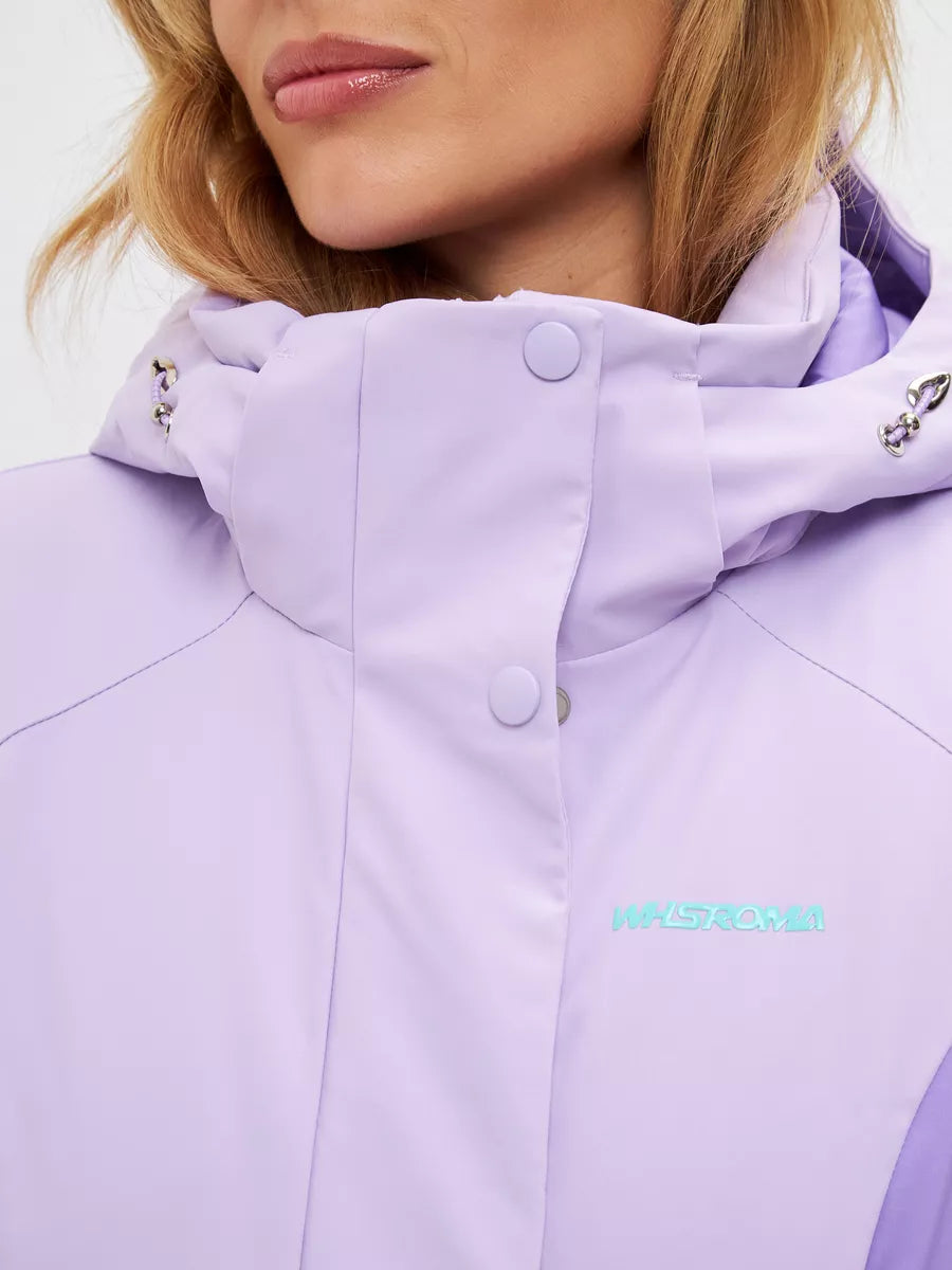Lilac waterproof insulated jacket with raised collar, snaps, and small chest logo