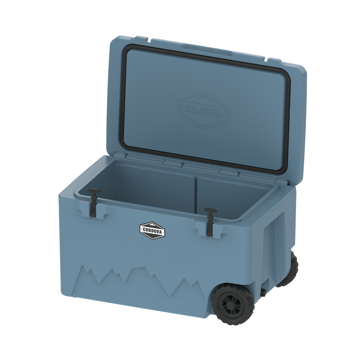 Light blue 125 qt wheeled cooler with open lid and rear wheel