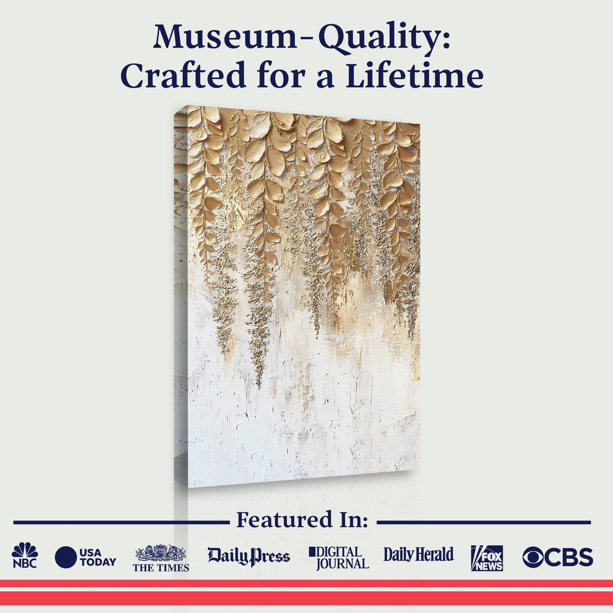 Gold leaf botanical wall art canvas, close view on a white and gray background