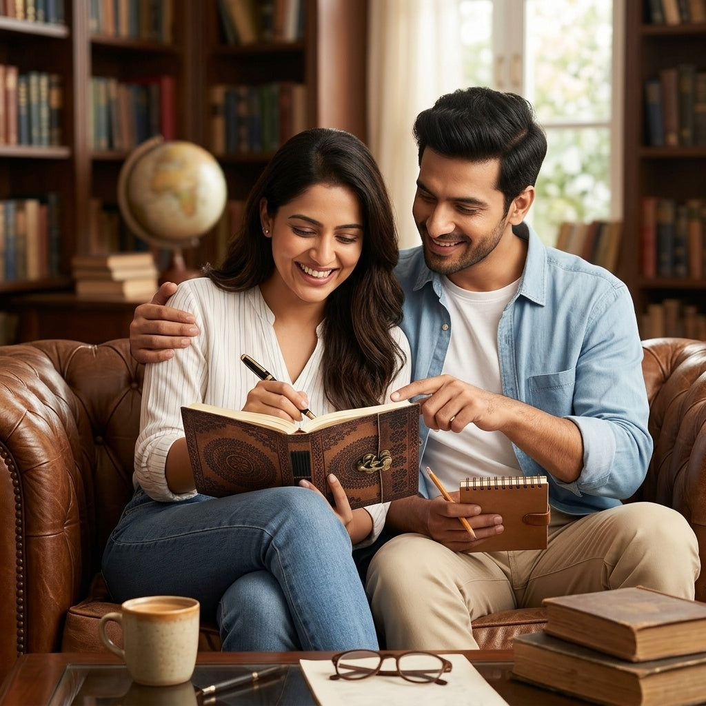 Couple writing in an open brown leather journal with a brass lock clasp