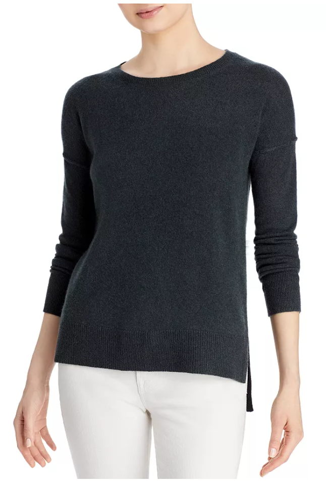 Navy cashmere high-low sweater with 3/4 sleeves and crew neckline