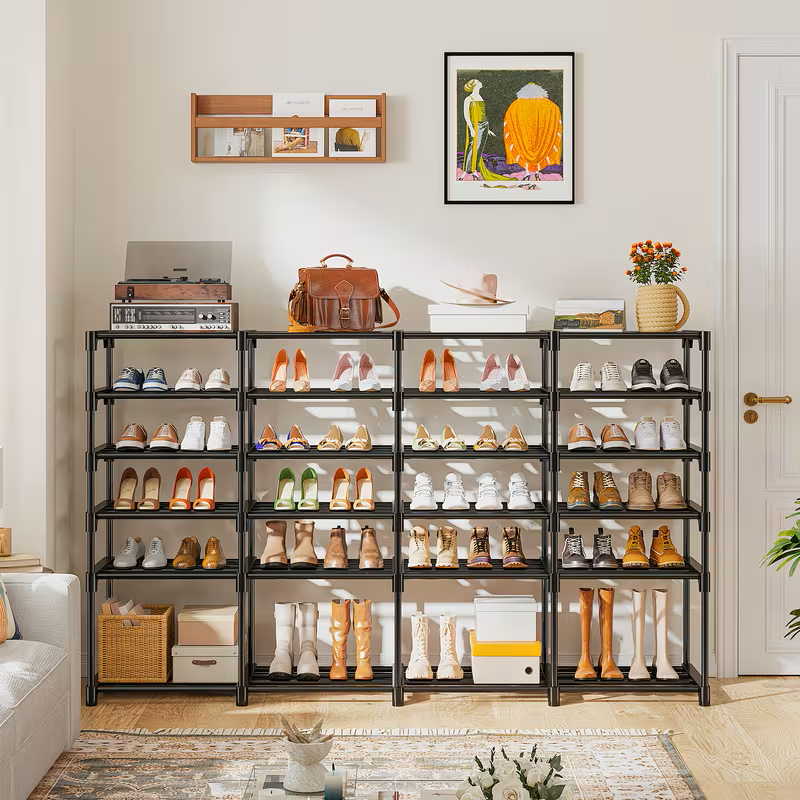 Multi-layer shoe rack organizer with black metal frame and open shelves for shoes