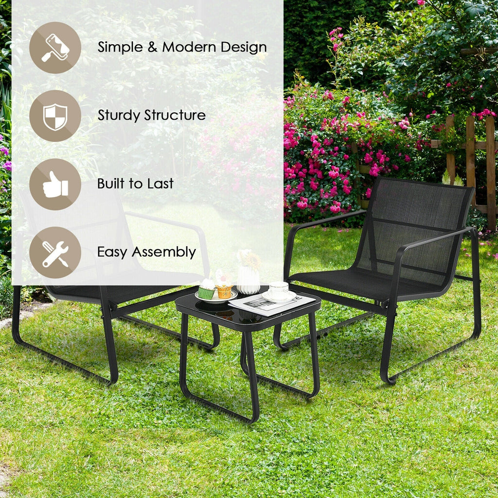 Black 3-piece patio bistro set with two mesh chairs and glass top table