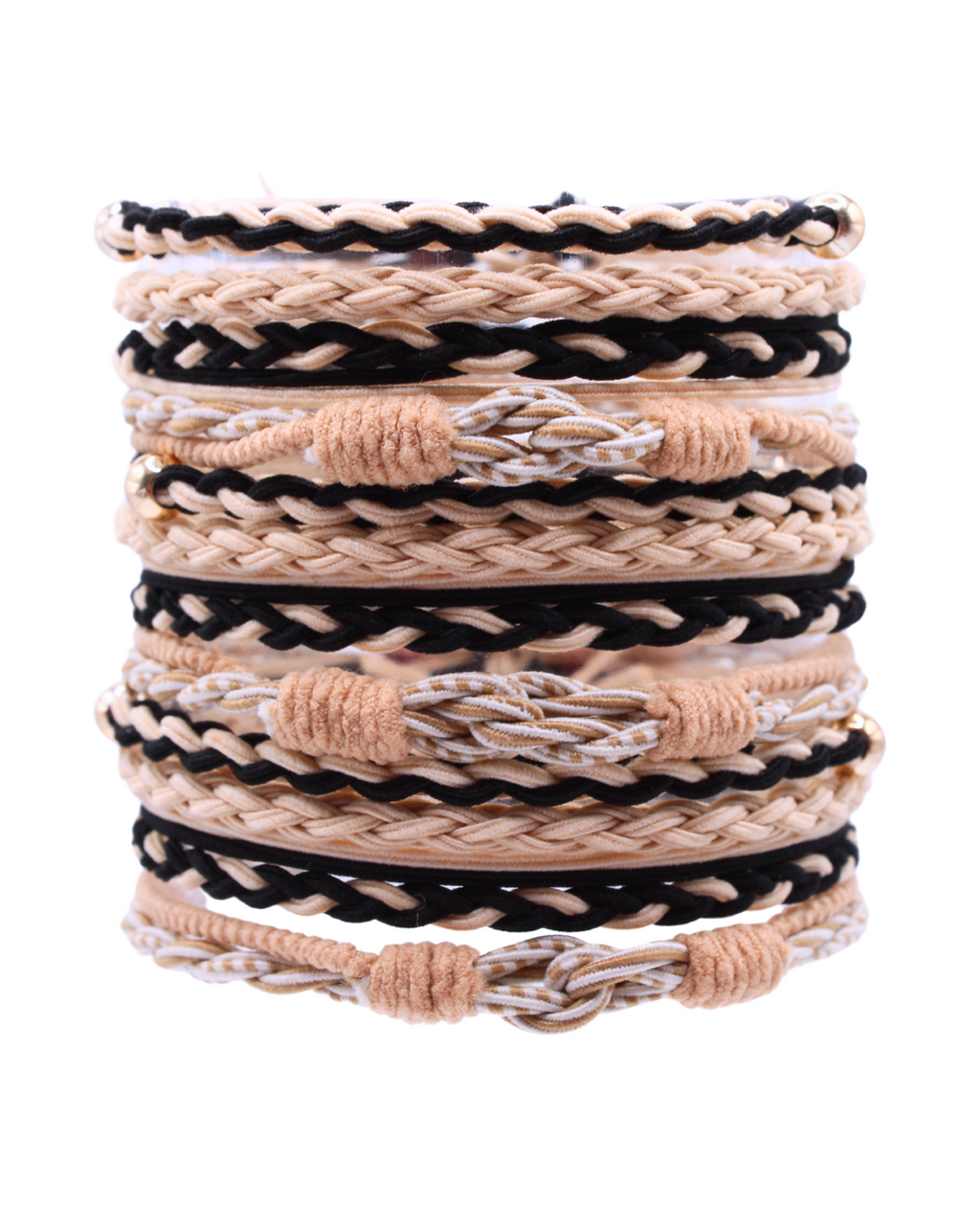 Braided hair tie bracelets assortment with black, cream, and tan bands