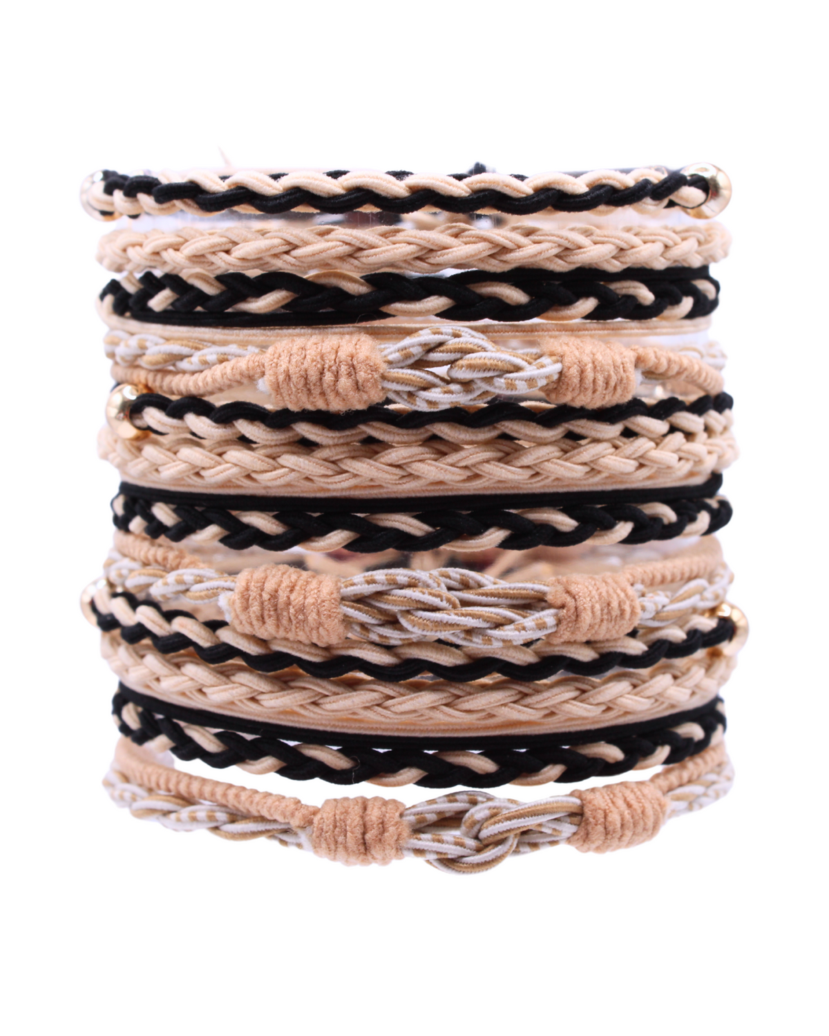 Braided hair tie bracelets assortment with black, cream, and tan bands
