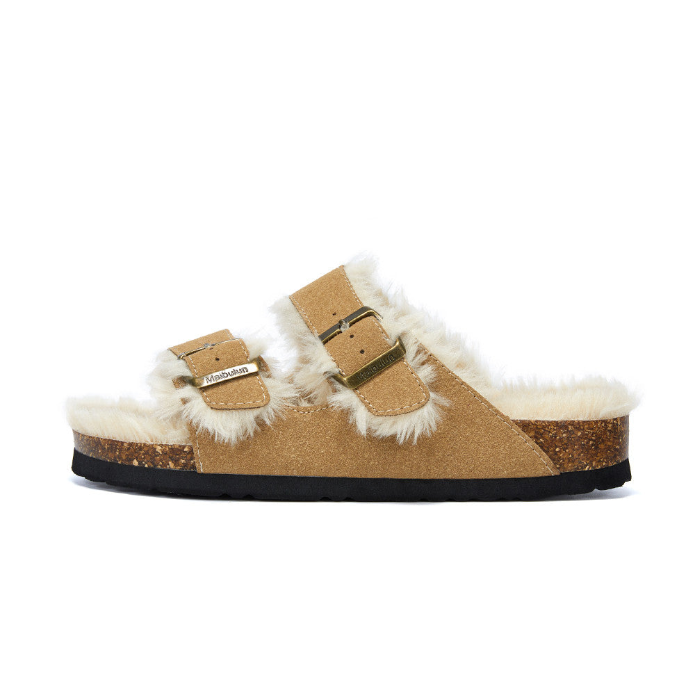 Brown suede fur-lined slippers with double adjustable buckles and fuzzy trim