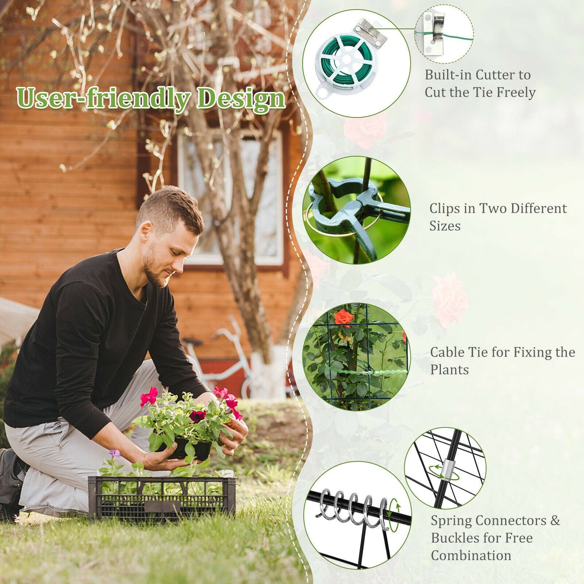 Gardener planting with climbing plants and green trellis accessory clips and ties