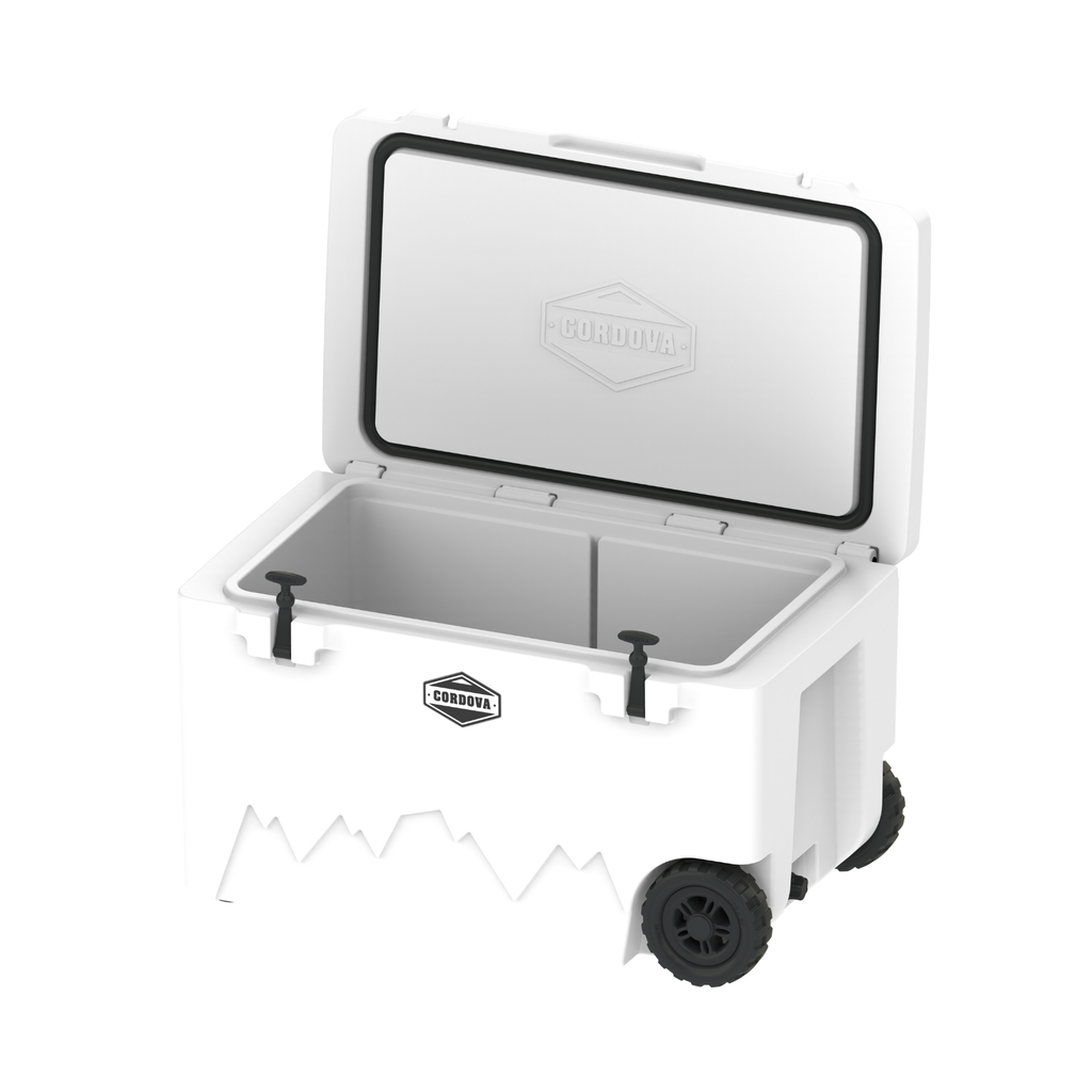 White wheeled cooler with lid open, insulated interior visible, CORDOVA logo