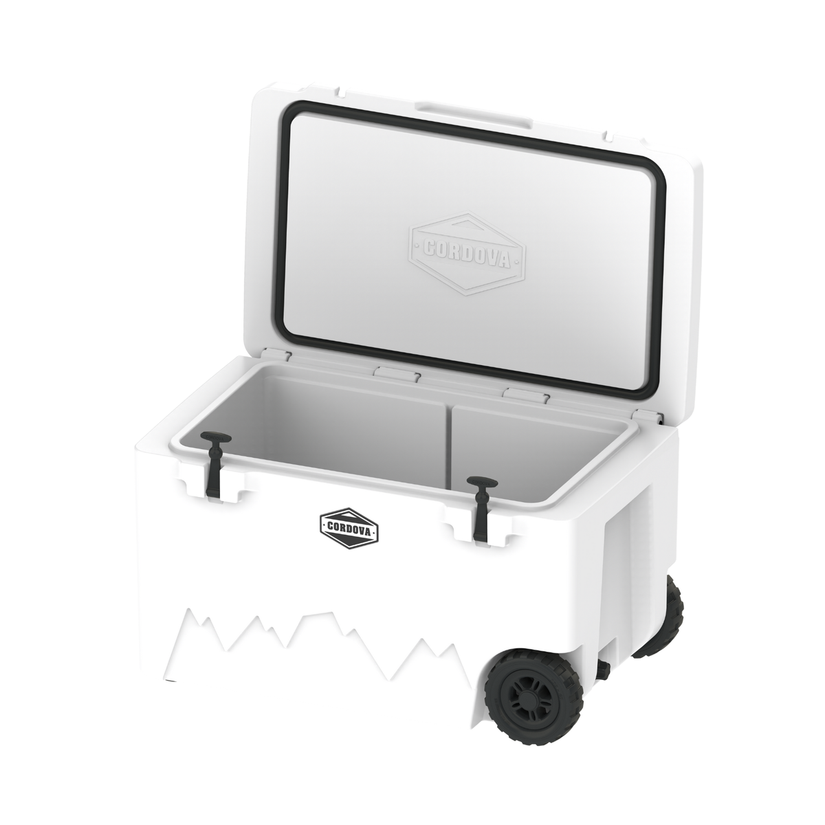 White wheeled cooler with lid open, insulated interior visible, CORDOVA logo