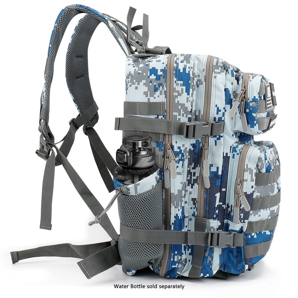 Blue camouflage travel backpack with side bottle pocket, padded back, and front straps.