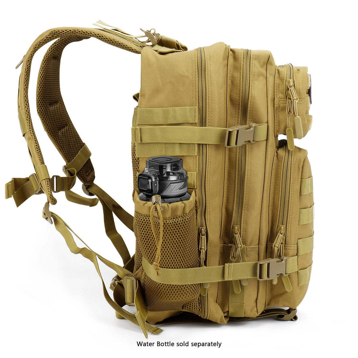 Khaki tactical travel backpack with side grab handle, mesh side panels, and padded straps