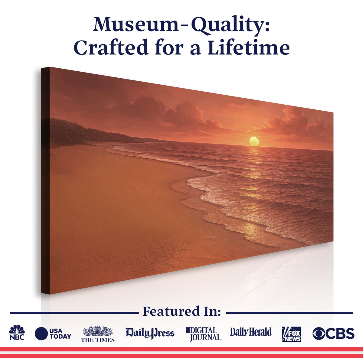 Framed beach canvas featuring sunset shoreline waves with a glowing sun