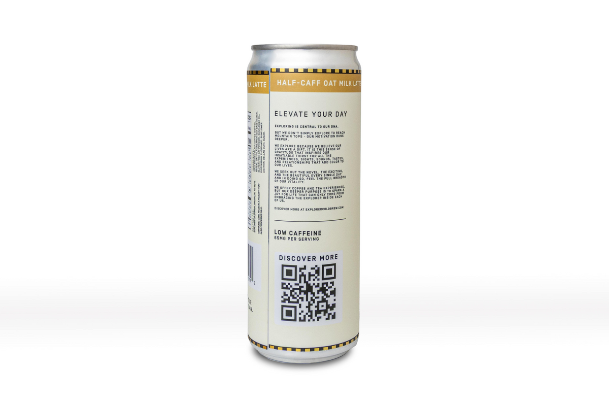 Cold Brew Oat Latte can back with 'Half-caf' details and QR code