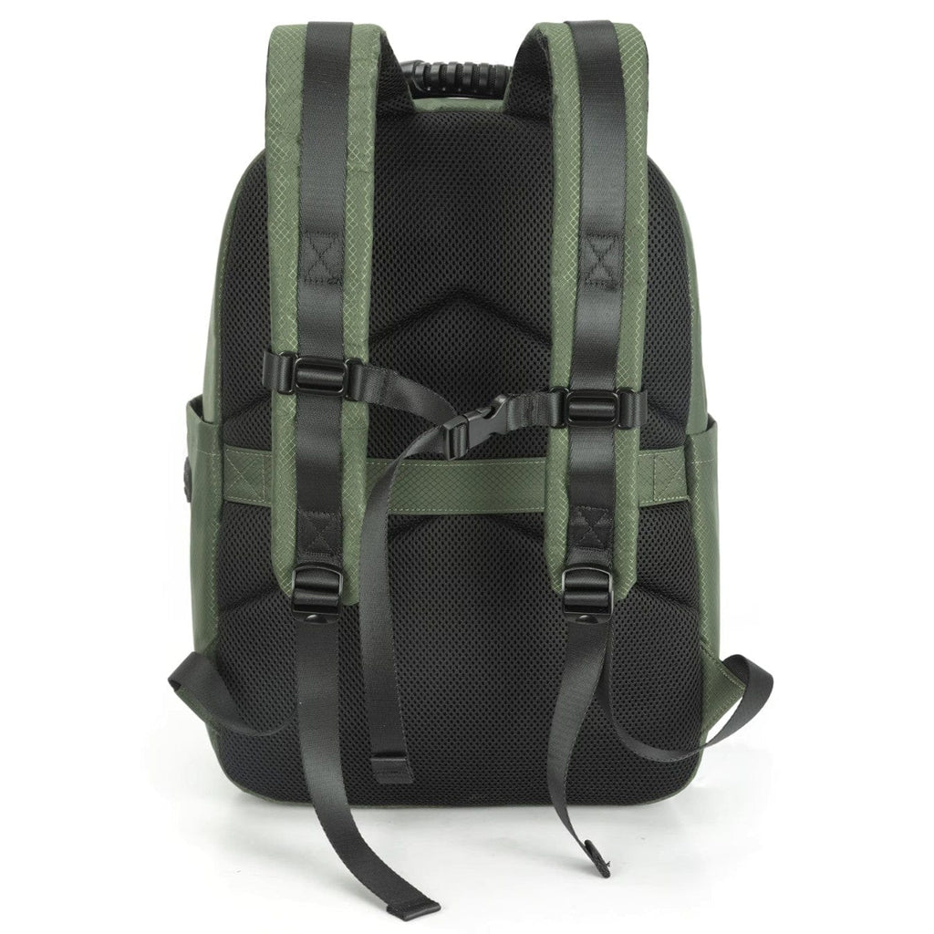 Green fabric backpack with padded back, adjustable straps, and front webbing panel