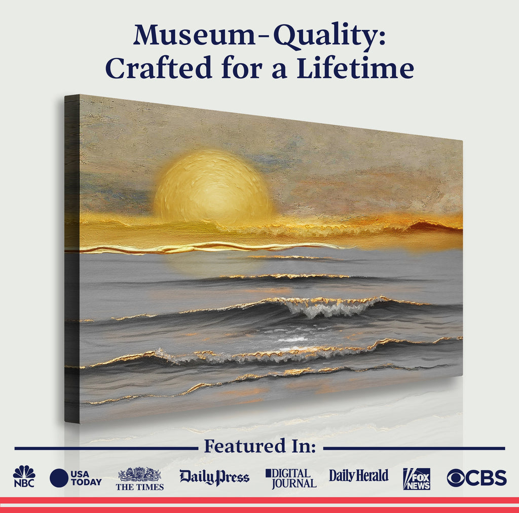 Wall art canvas close-up of a golden sun and ocean waves on a stretched frame.