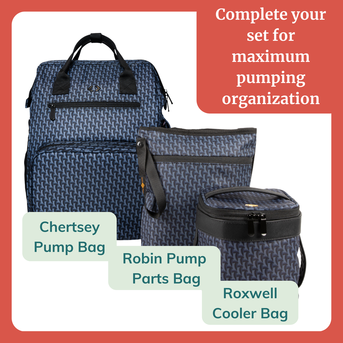 Navy patterned breast pump bag backpack with matching parts bag and cooler bag