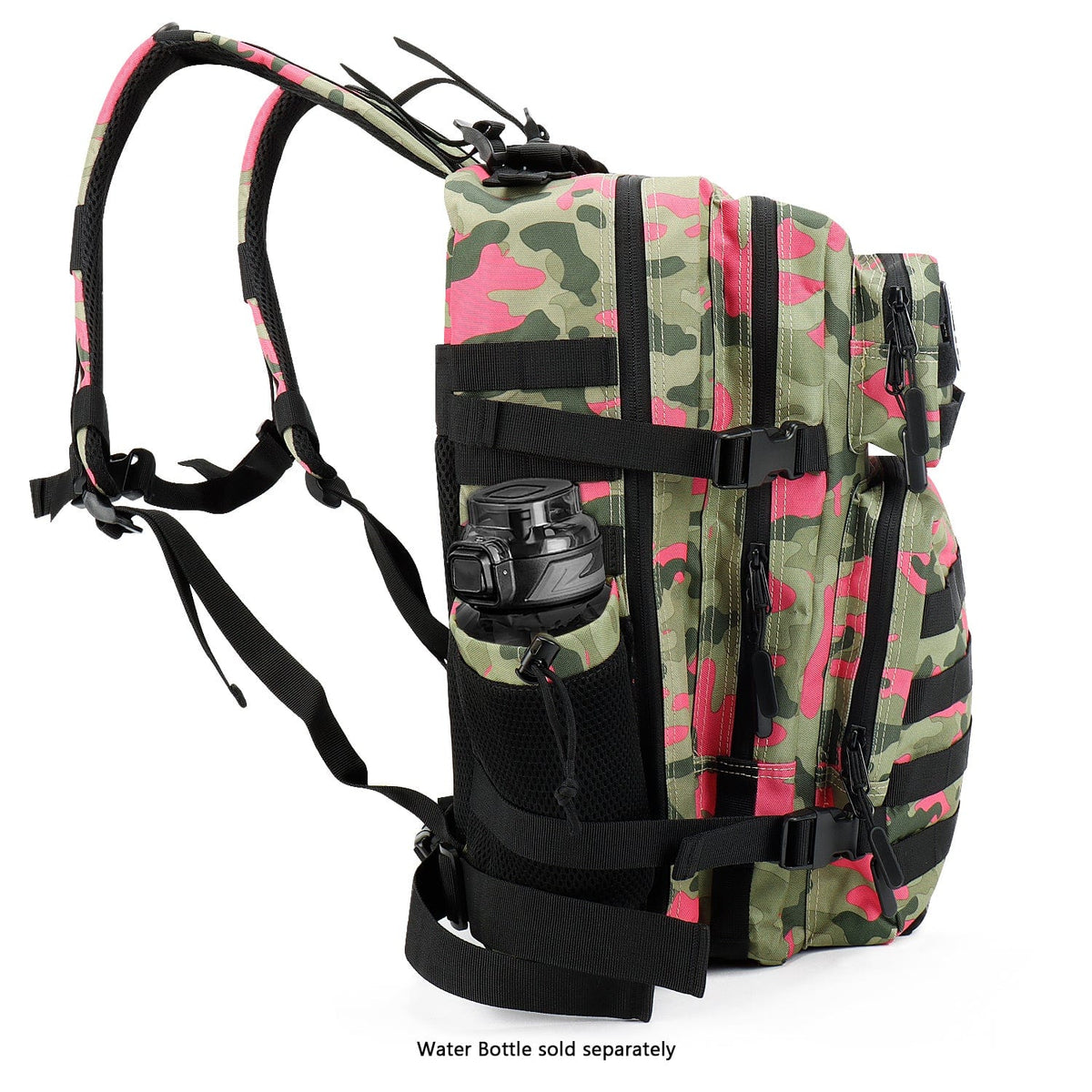 Pink camo travel backpack side view with front organizer panel and adjustable straps