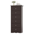 Brown 6-drawer chest dresser with stacked drawers and round metal knobs.