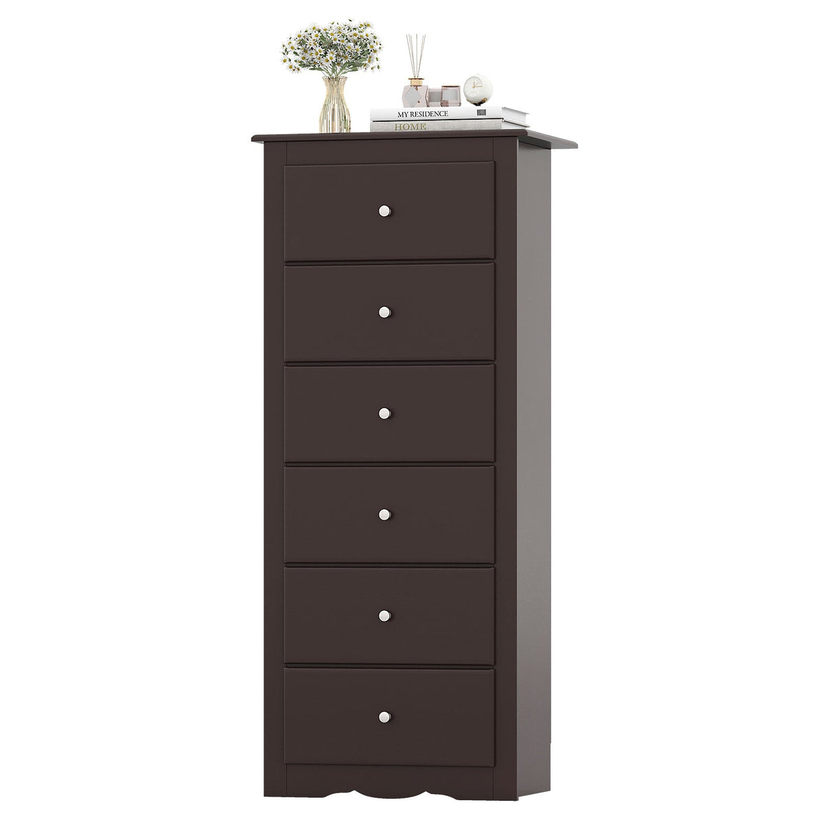 Brown 6-drawer chest dresser with stacked drawers and round metal knobs.