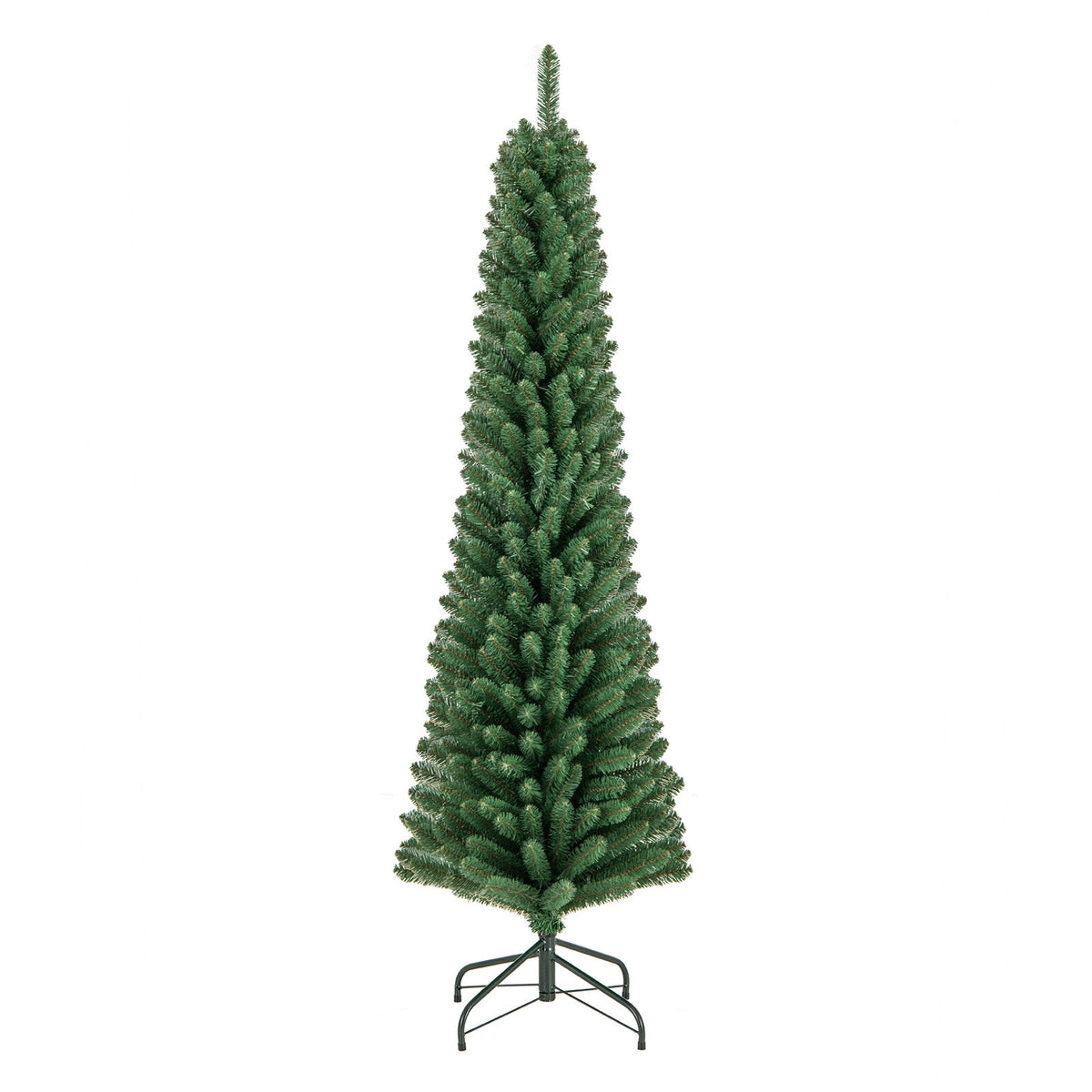 Artificial green pencil Christmas tree with layered branches and metal base stand