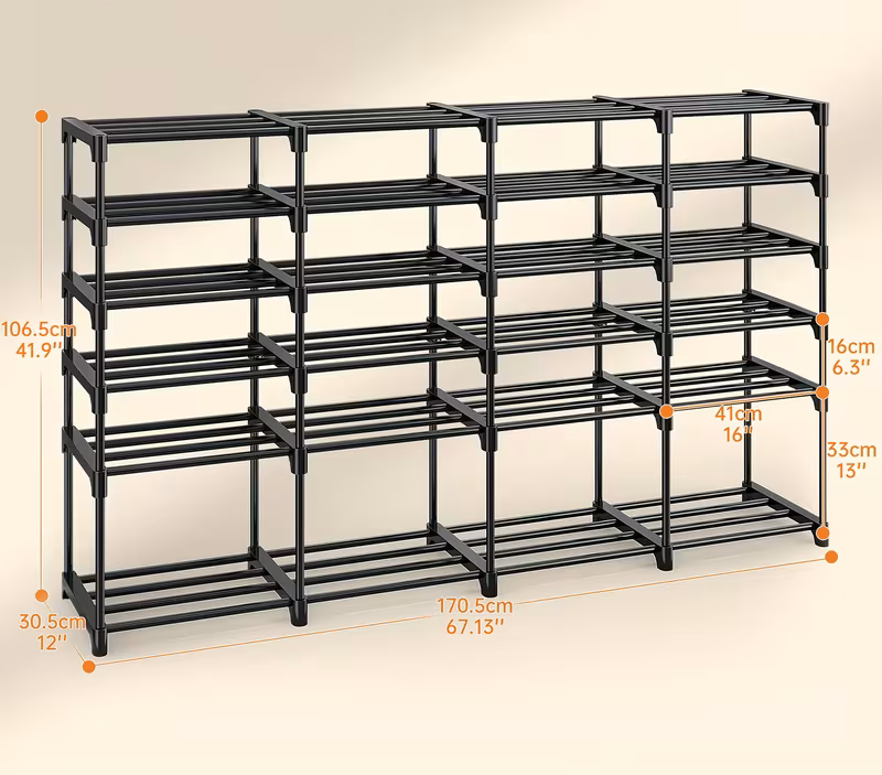 Black multi-tier shoe rack with open shelves and corner support legs