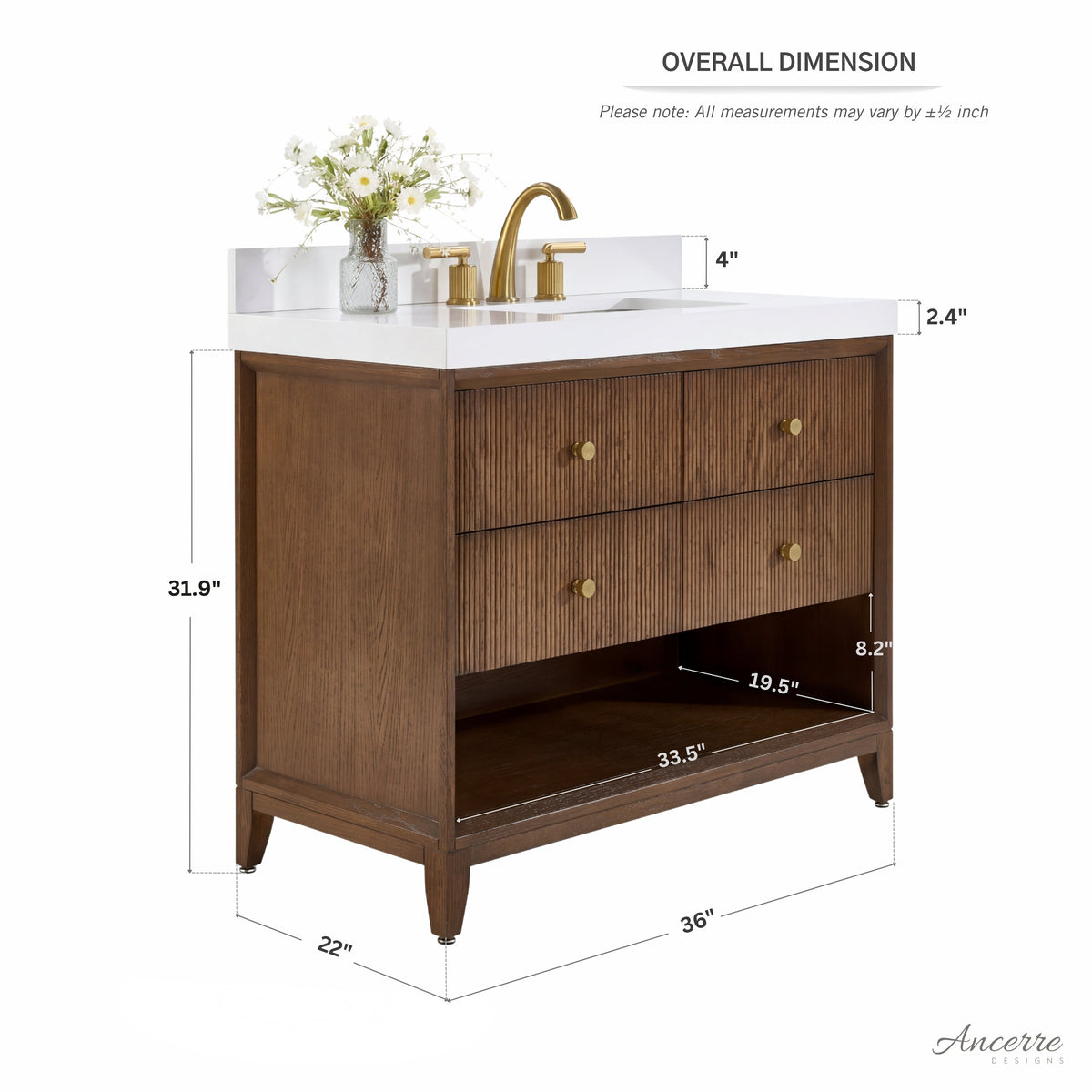 Chestnut 36-inch bath vanity set with white top, two upper drawers, open lower shelf