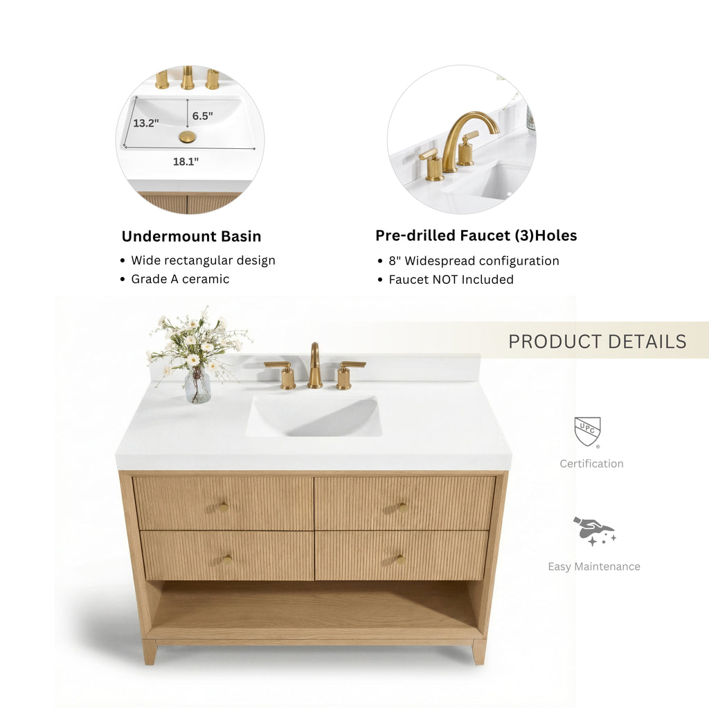 Oak bath vanity set with under-mount basin, white countertop, and gold 3-hole faucet