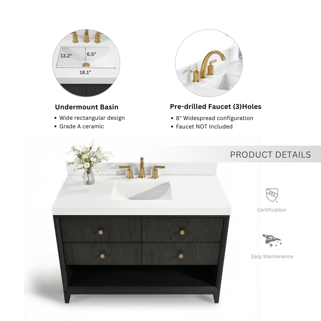 Black bath vanity set with white undermount sink, gold three-hole faucet, and drawer knobs