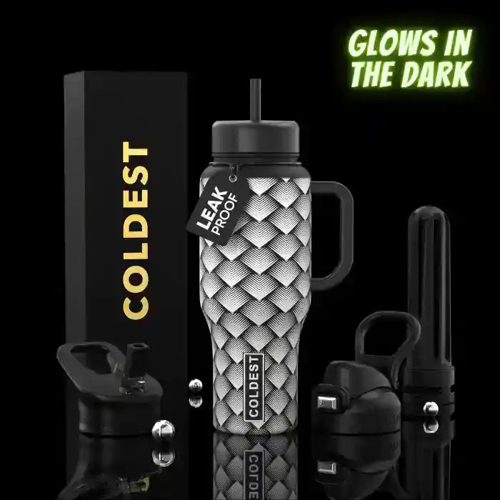 COLDEST 36oz insulated tumbler with leak-proof lid, gray diamond pattern, metal straw.