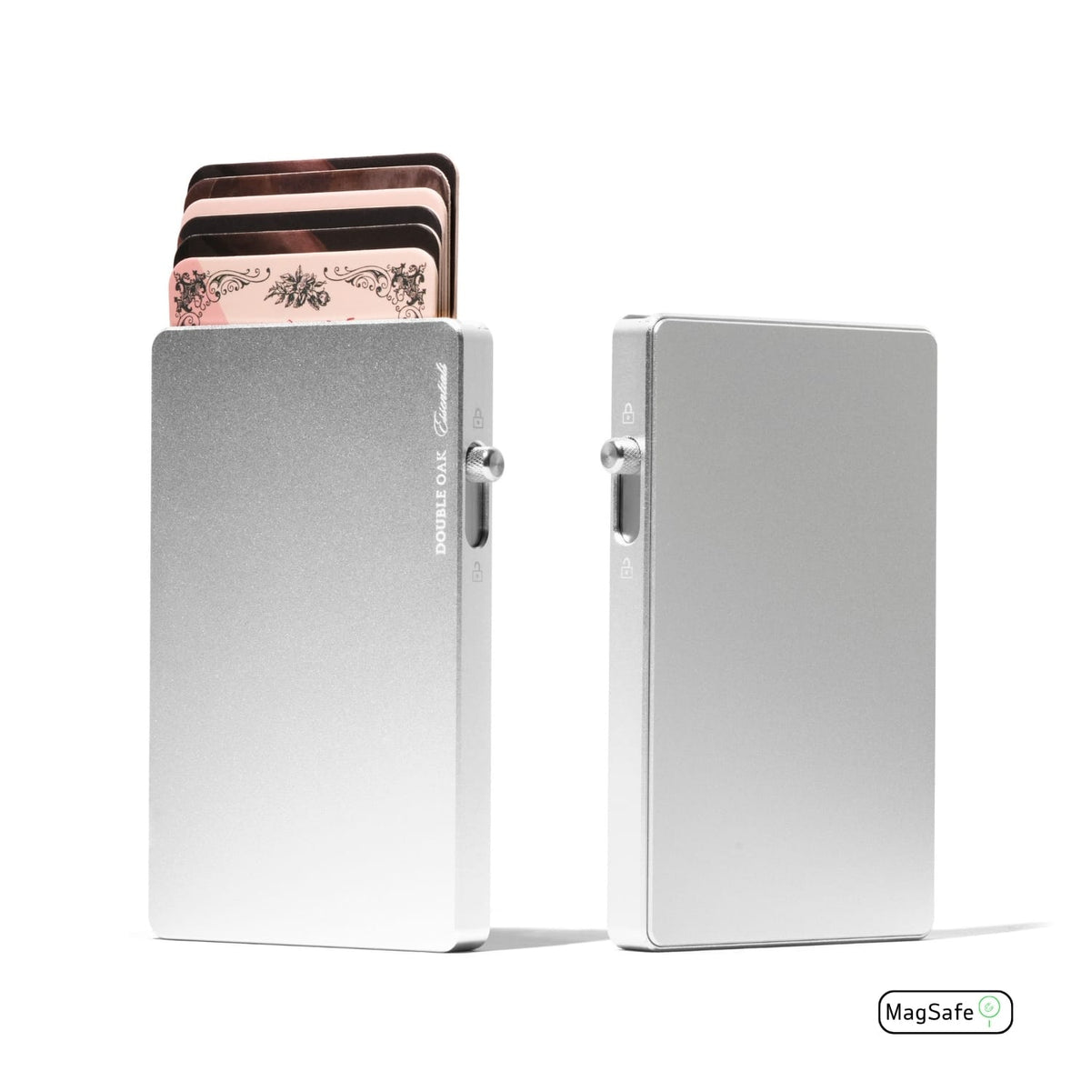 Gray metal cardholder wallet with MagSafe, front and back shown.