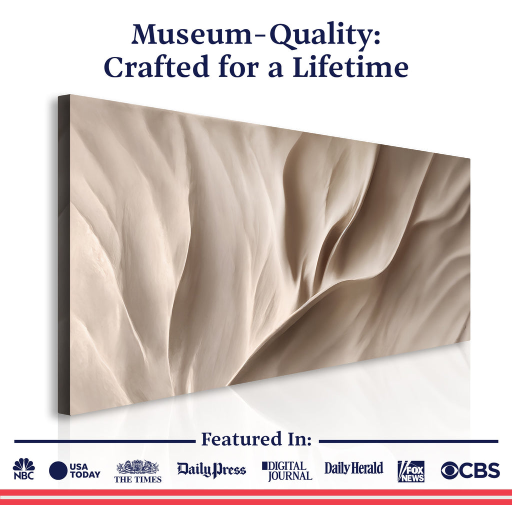 Beige abstract wave wall art on framed canvas with fabric-like drape folds