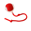 Red interactive cat ball toy with clear connector and red rope tether loops