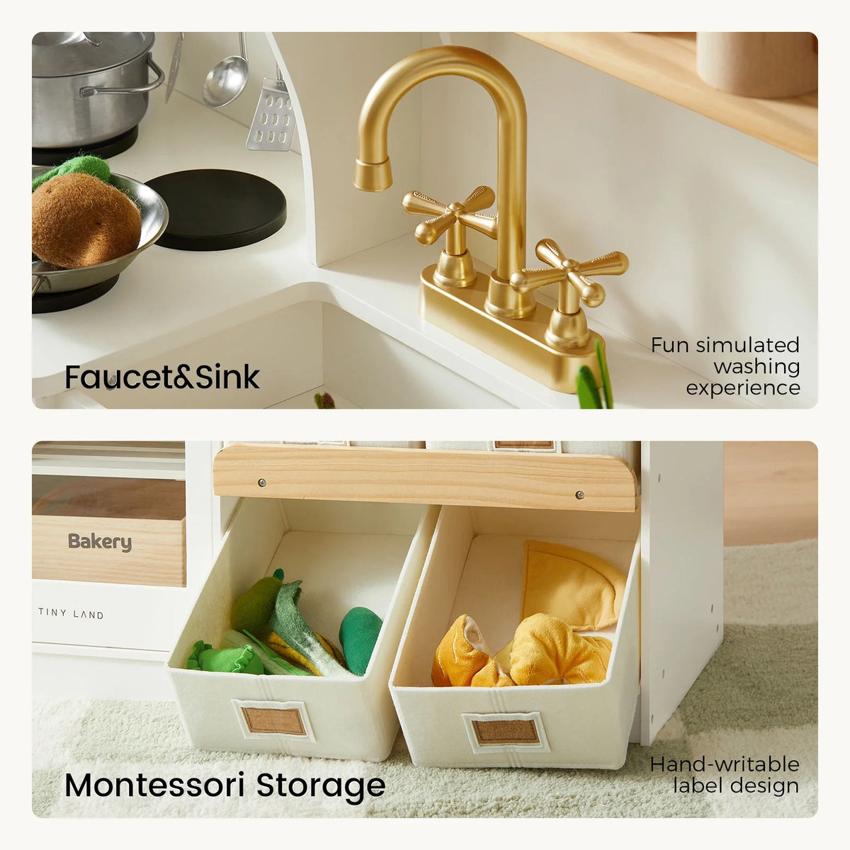 Wooden play kitchen sink area with gold faucet and storage bins, cream and wood shelves