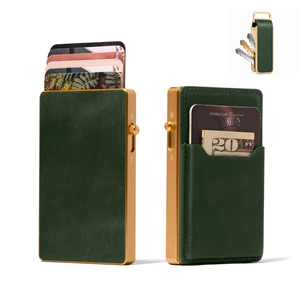 Green leather card wallet with card slots and key organizer attachment; shows front and back.