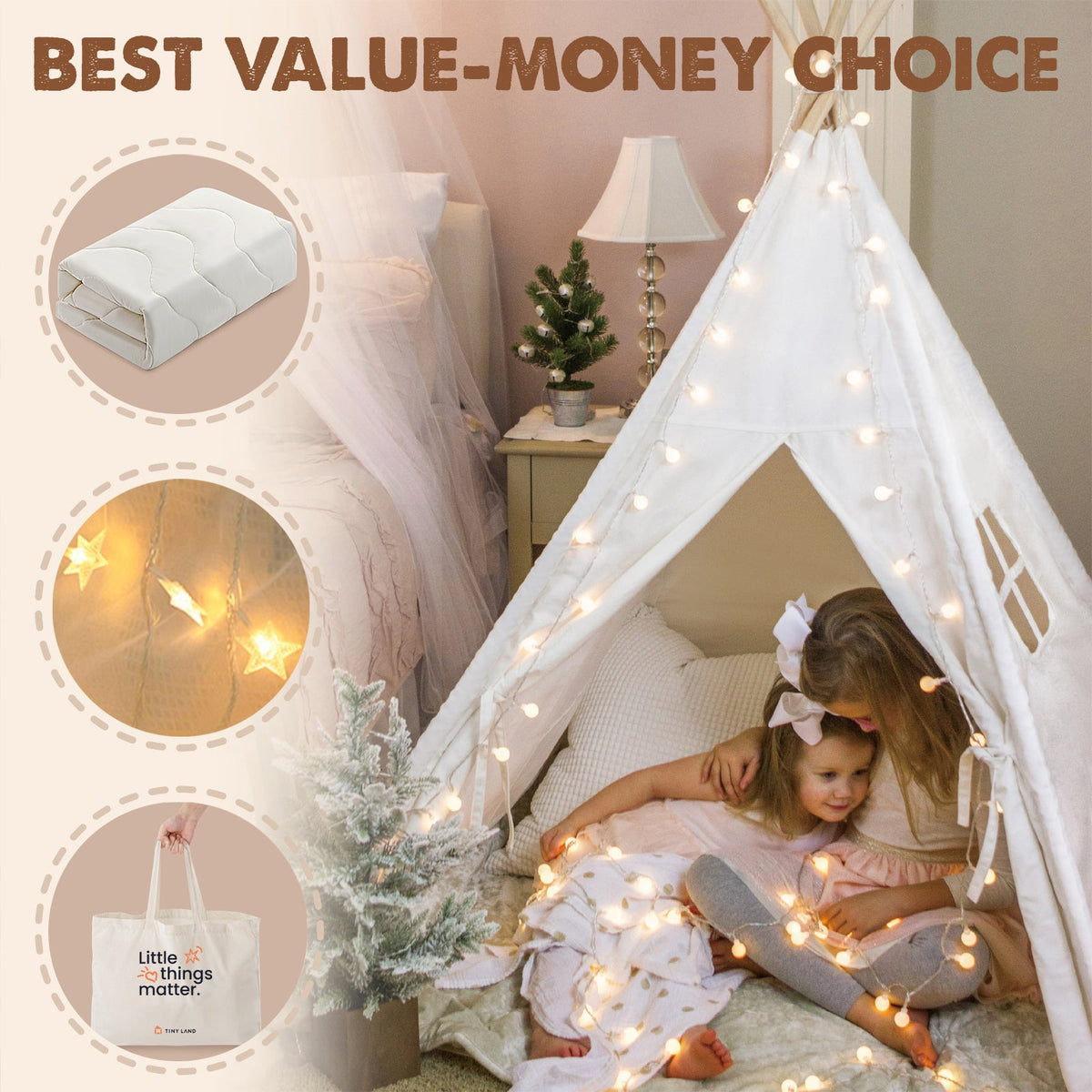 Kids teepee tent with floor mat, white canvas with warm string lights inside