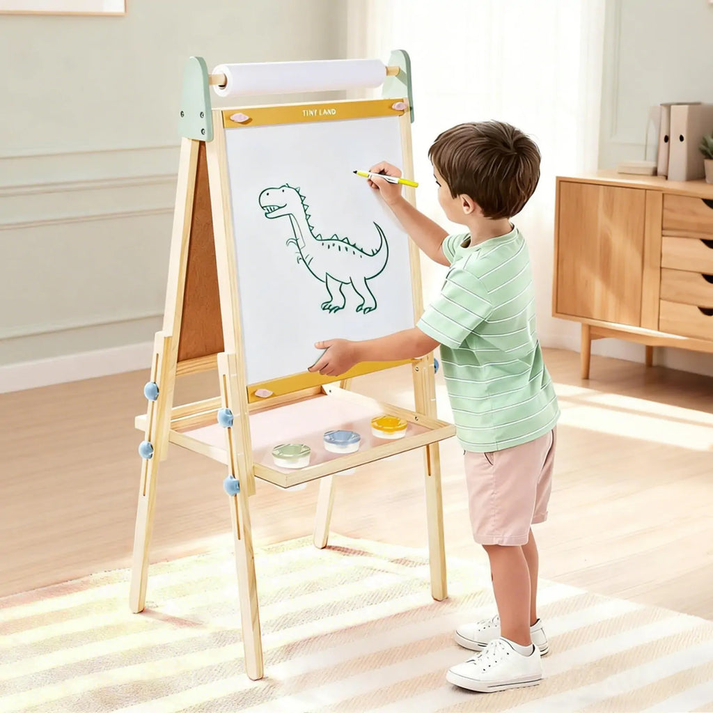 Kids art easel with wooden frame, white paper roll, and paint tray