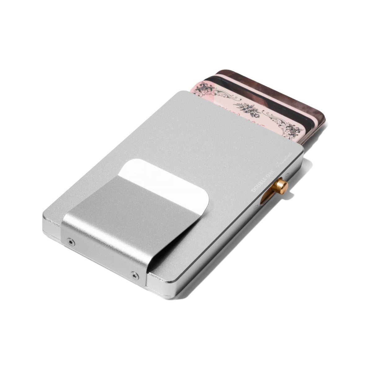 Silver pop-up cardholder with hinged panel and card slot window