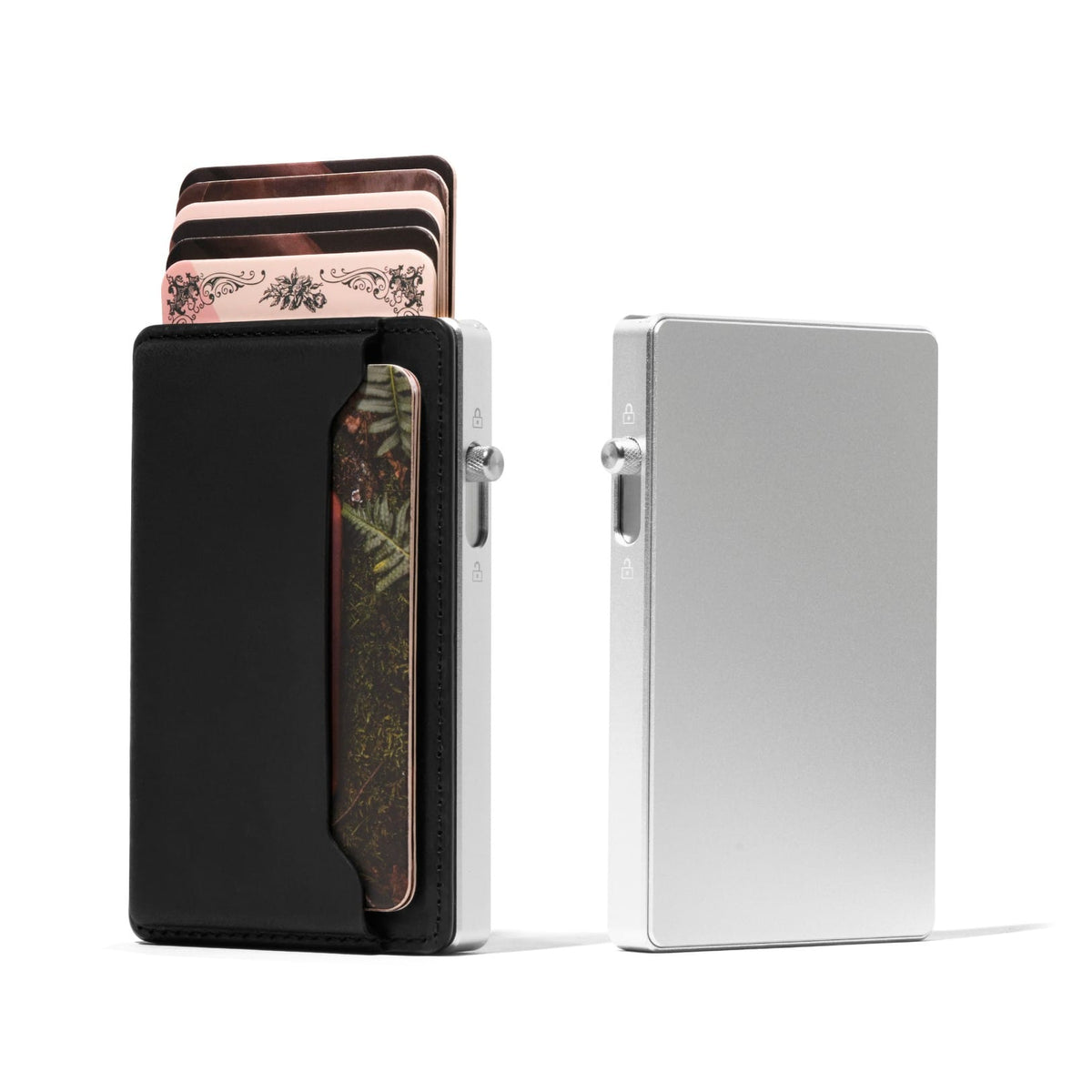 Mod wallet with black leather cardholder and patterned card pocket, silver aluminum cash case