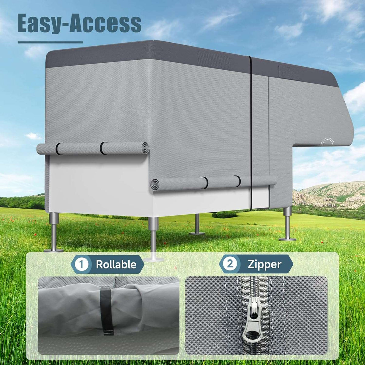 Gray RV truck camper cover with roll-up access panel and zipper closure